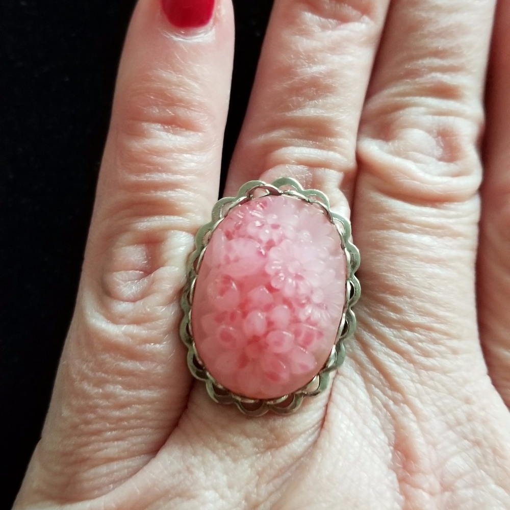 Vintage Baby Pink Floral Ring Silver Setting